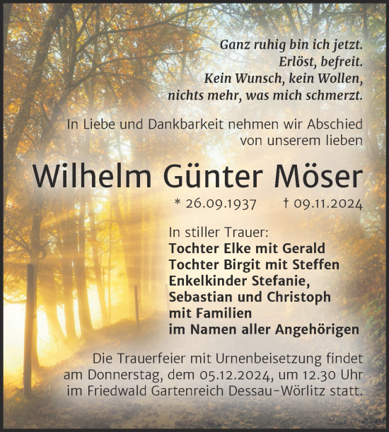 Traueranzeige von Wilhelm Günter Möser von Trauerkombi Bitterfeld