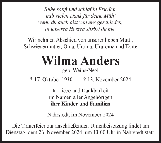 Traueranzeige von Wilma Anders von Volksstimme Altmark Ost