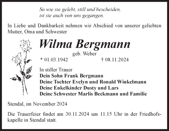 Traueranzeige von Wilma Bergmann von Volksstimme Altmark Ost