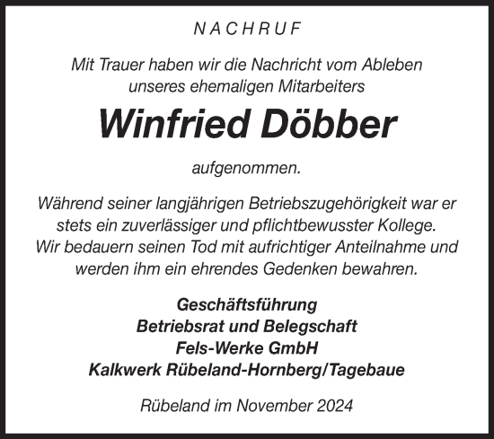 Traueranzeige von Winfried Döbber von Volksstimme Wernigerode