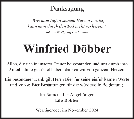 Traueranzeige von Winfried Döbber von Volksstimme Wernigerode