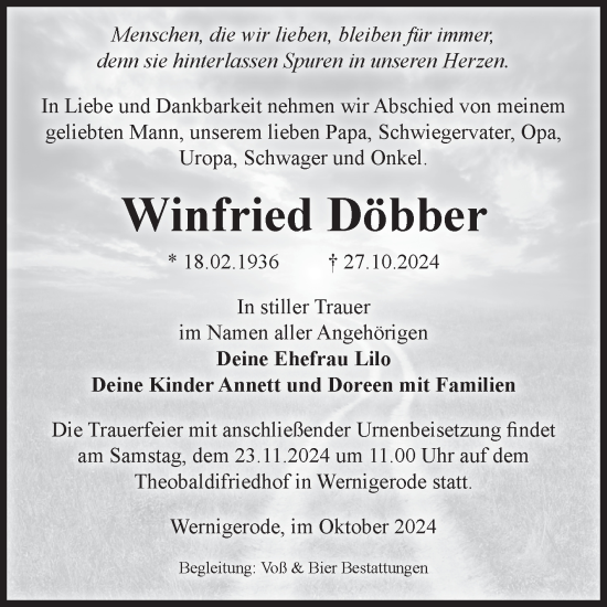 Traueranzeige von Winfried Döbber von Volksstimme Wernigerode