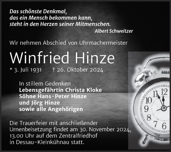 Traueranzeige von Winfried Hinze von Trauerkombi Dessau