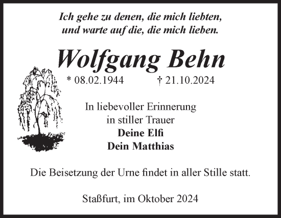 Traueranzeige von Wolfgang Behn von Volksstimme Staßfurt