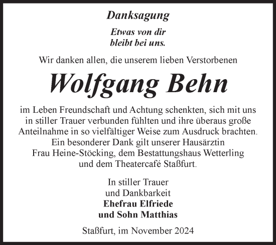 Traueranzeige von Wolfgang Behn von Volksstimme Staßfurt