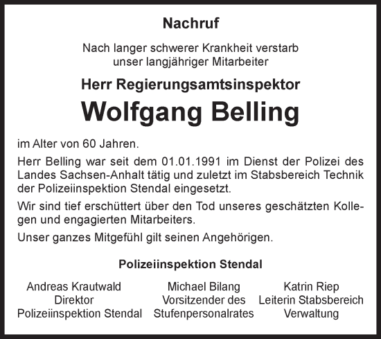 Traueranzeige von Wolfgang Belling von Volksstimme Altmark Ost