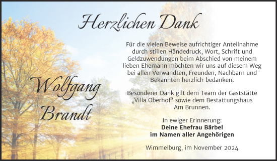 Traueranzeige von Wolfgang Brandt von Trauerkombi Mansfelder Land