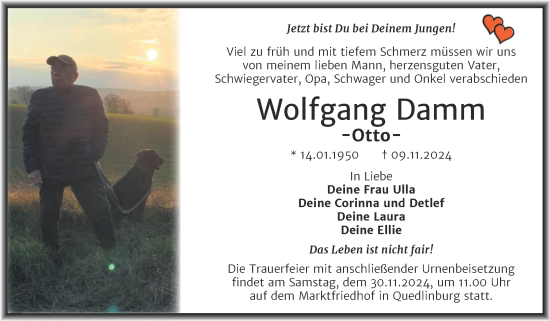 Traueranzeige von Wolfgang Damm von Trauerkombi Quedlinburg