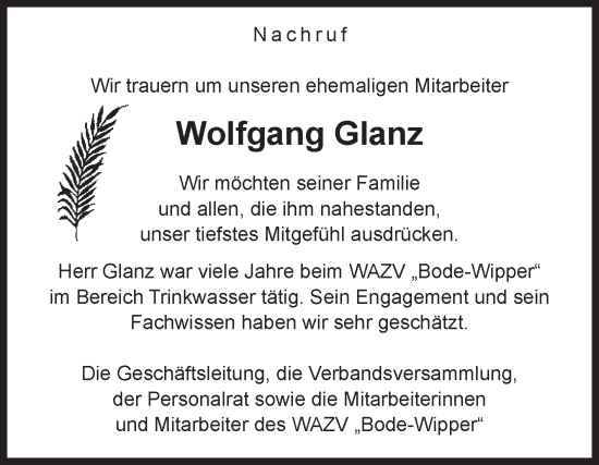 Traueranzeige von Wolfgang Glanz von Volksstimme Staßfurt