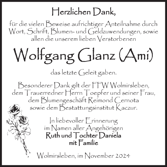 Traueranzeige von Wolfgang Glanz von Volksstimme Staßfurt