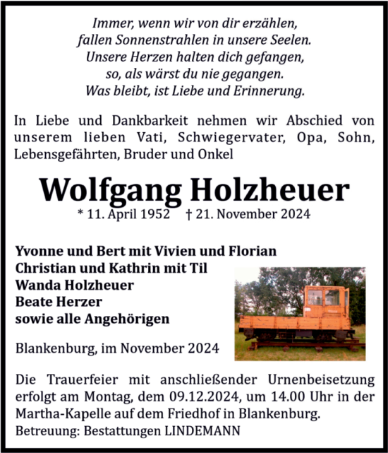 Traueranzeige von Wolfgang Holzheuer von Volksstimme Wernigerode
