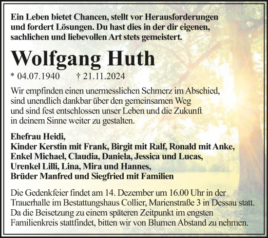 Traueranzeige von Wolfgang Huth von Trauerkombi Dessau
