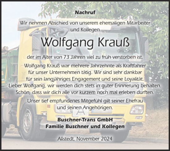 Traueranzeige von Wolfgang Krauß von Mitteldeutsche Zeitung Sangerhausen