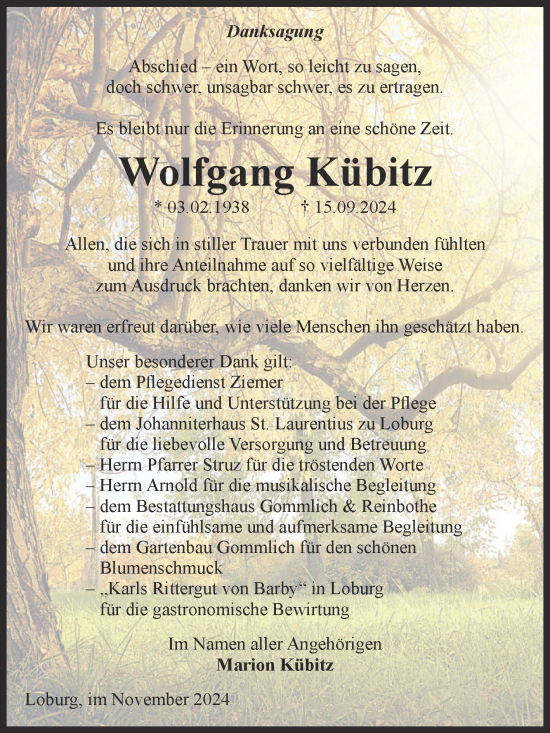 Traueranzeige von Wolfgang Kübitz von Volksstimme Zerbst