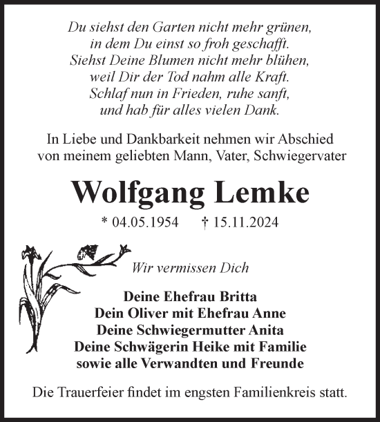 Traueranzeige von Wolfgang Lemke von Volksstimme Burg/Genthin