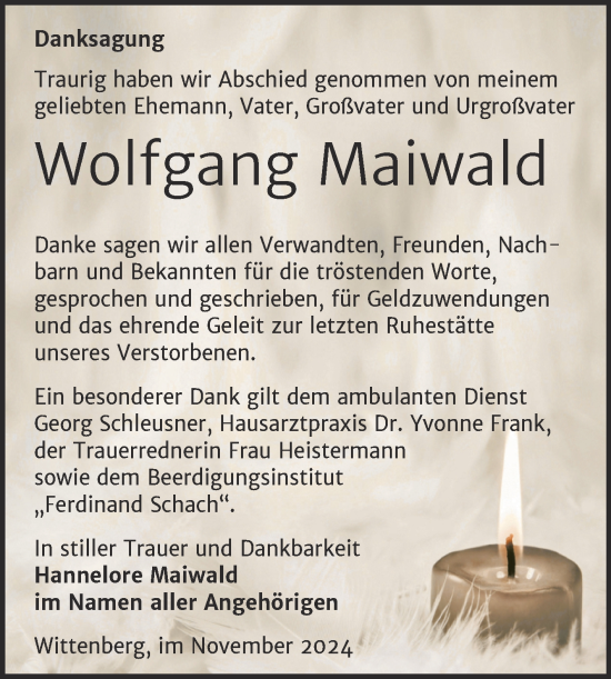 Traueranzeige von Wolfgang Maiwald von Trauerkombi Wittenberg