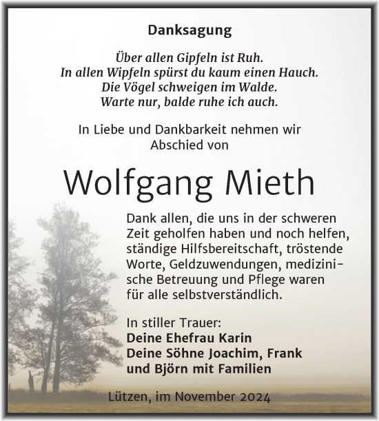 Traueranzeige von Wolfgang Mieth von Trauerkombi Weißenfels