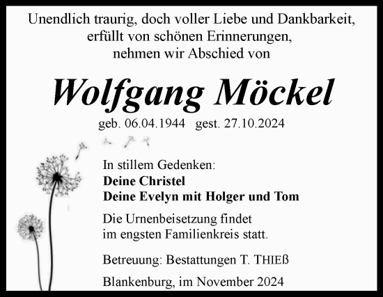 Traueranzeige von Wolfgang Möckel von Volksstimme Wernigerode