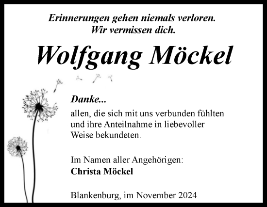 Traueranzeige von Wolfgang Möckel von Volksstimme Wernigerode