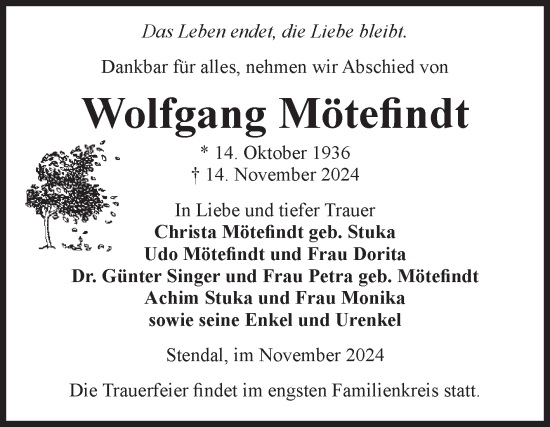 Traueranzeige von Wolfgang Mötefindt von Volksstimme Altmark Ost