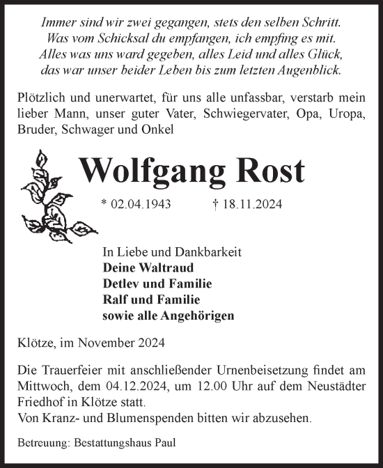 Traueranzeige von Wolfgang Rost von Volksstimme Altmark West