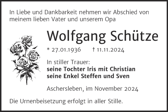 Traueranzeige von Wolfgang Schütze von Mitteldeutsche Zeitung Aschersleben