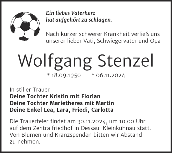 Traueranzeige von Wolfgang Stenzel von Trauerkombi Dessau