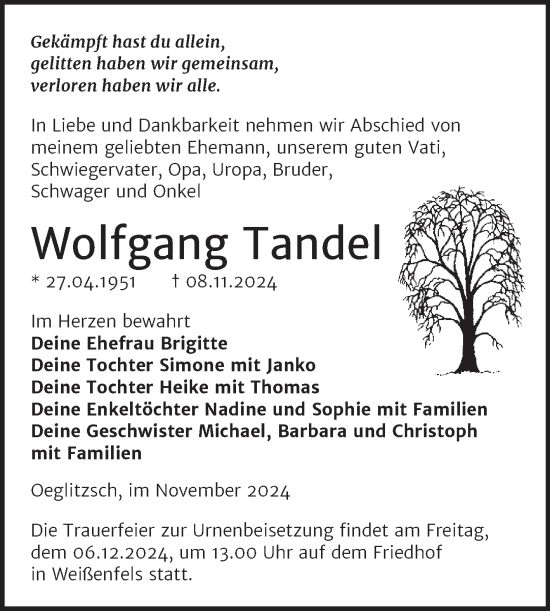 Traueranzeige von Wolfgang Tandel von Trauerkombi Weißenfels
