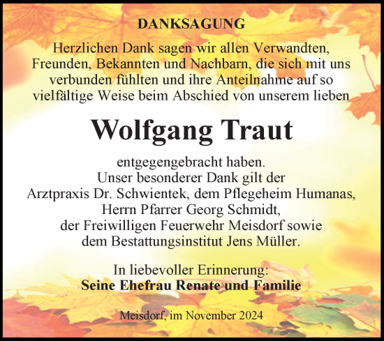 Traueranzeige von Wolfgang Traut von Trauerkombi Quedlinburg