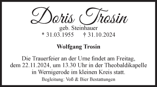 Traueranzeige von Wolfgang Trosin von Volksstimme Wernigerode