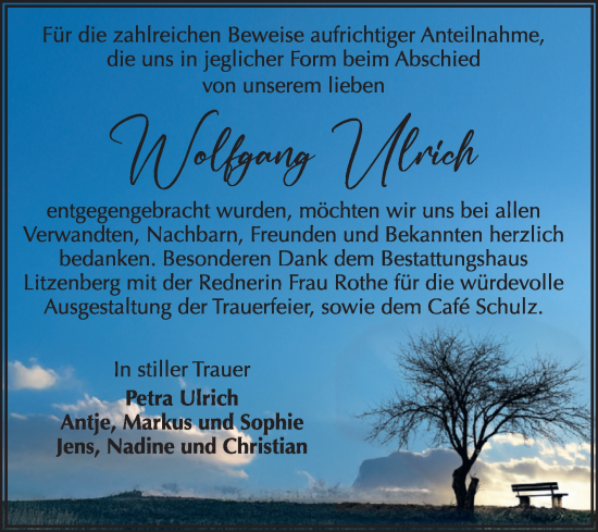 Traueranzeige von Wolfgang Ulrich von Trauerkombi Mansfelder Land