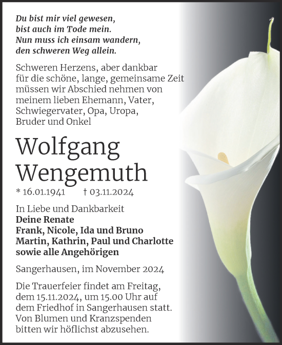 Traueranzeige von Wolfgang Wengemuth von Trauerkombi Sangerhausen