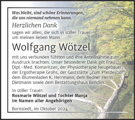Traueranzeige von Wolfgang Wötzel von Trauerkombi Mansfelder Land