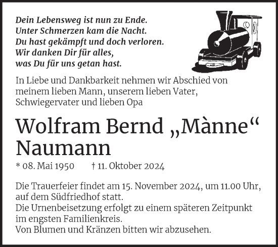 Traueranzeige von Wolfram Bernd Naumann von Mitteldeutsche Zeitung Halle/Saalkreis