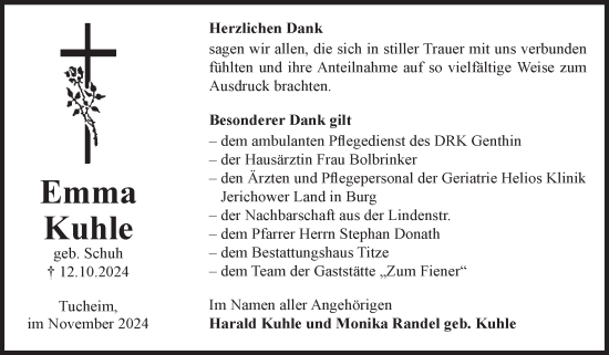 Traueranzeige von Emma Kuhle von Volksstimme Burg/Genthin