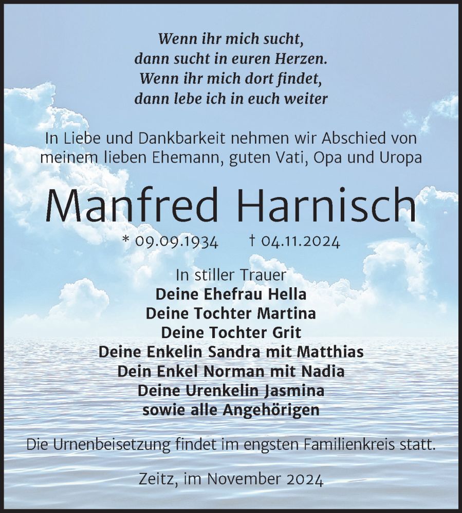  Traueranzeige für Manfred Harnisch vom 16.11.2024 aus Trauerkombi Zeitz