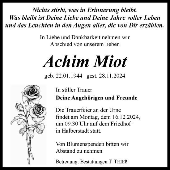 Traueranzeige von Achim Miot von Volksstimme Oschersleben/Wanzleben