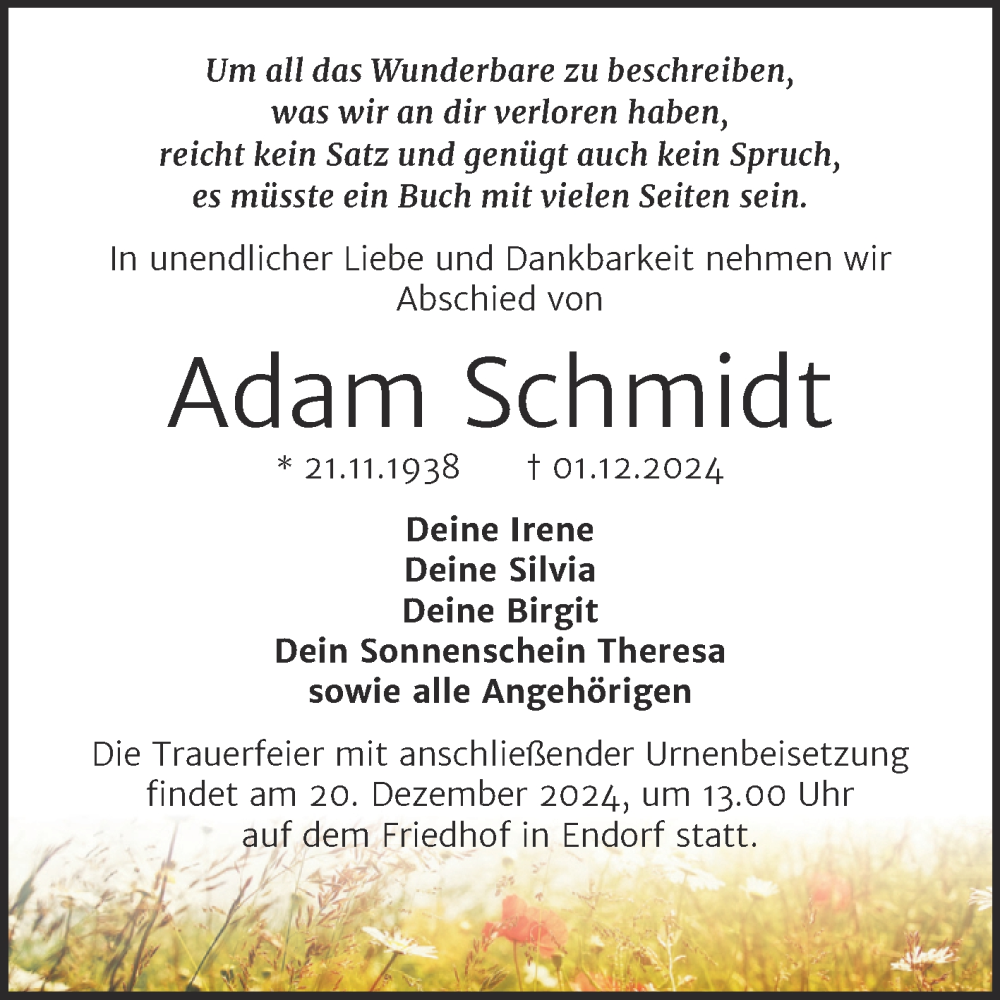  Traueranzeige für Adam Schmidt vom 14.12.2024 aus Mitteldeutsche Zeitung Mansfelder Land