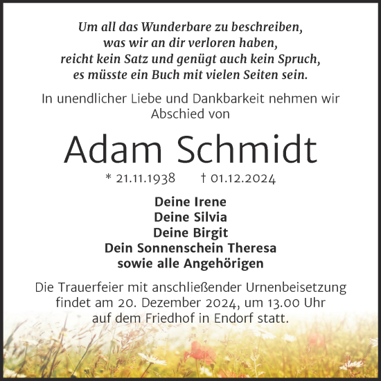Traueranzeige von Adam Schmidt von Mitteldeutsche Zeitung Mansfelder Land