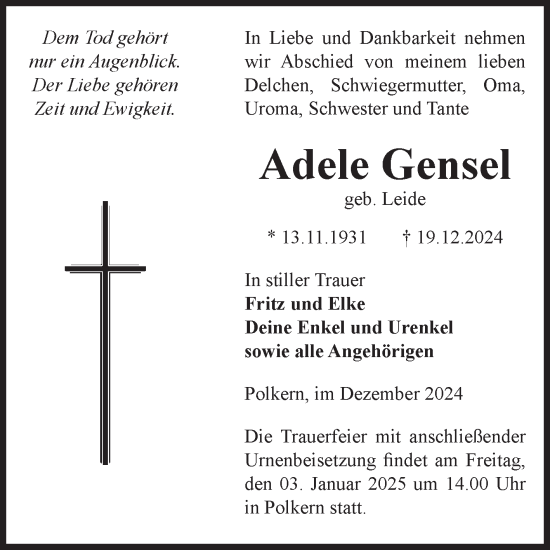 Traueranzeige von Adele Gensel von Volksstimme Altmark Ost
