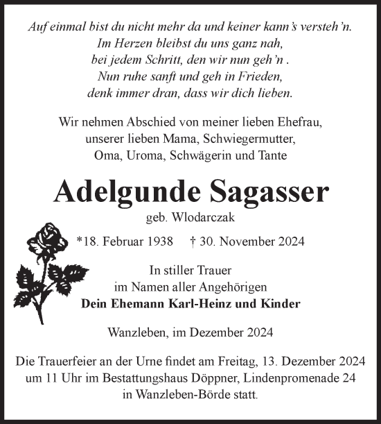 Traueranzeige von Adelgunde Sagasser von Volksstimme Oschersleben/Wanzleben