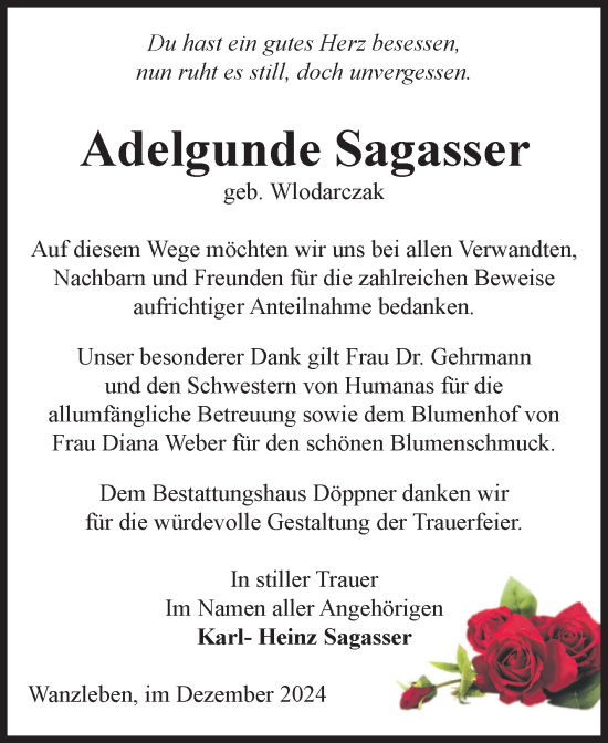 Traueranzeige von Adelgunde Sagasser von Volksstimme Oschersleben/Wanzleben