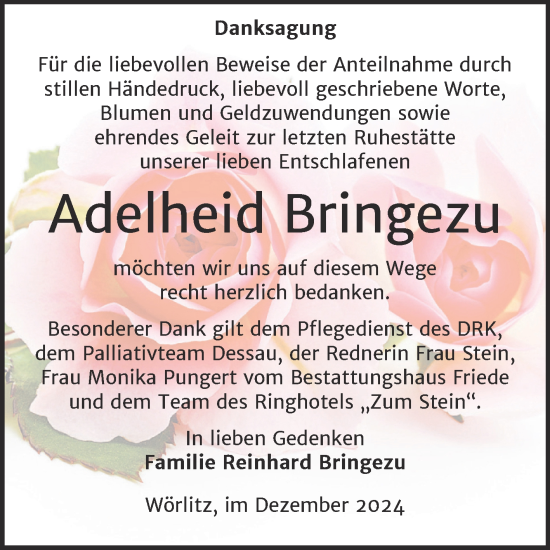 Traueranzeige von Adelheid Bringezu von Trauerkombi Wittenberg