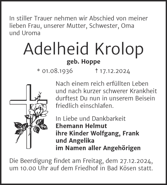 Traueranzeige von Adelheid Krolop von Naumburger Tageblatt
