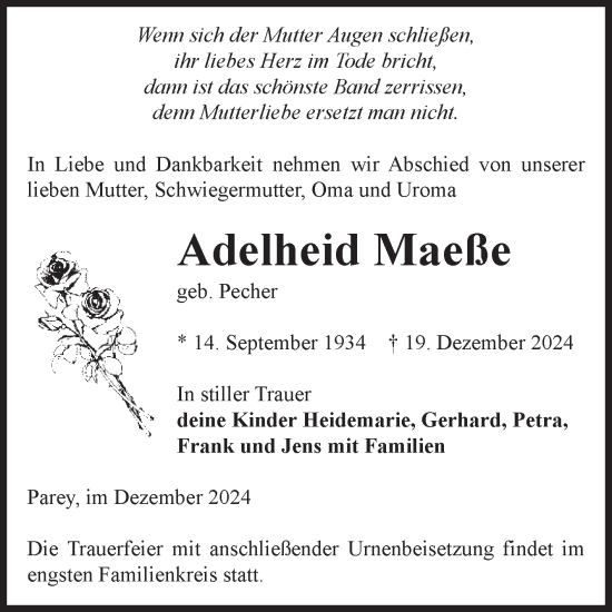 Traueranzeige von Adelheid Maeße von Volksstimme Burg/Genthin