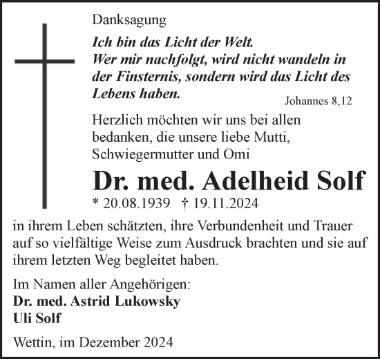 Traueranzeige von Adelheid Solf von Mitteldeutsche Zeitung Halle/Saalkreis