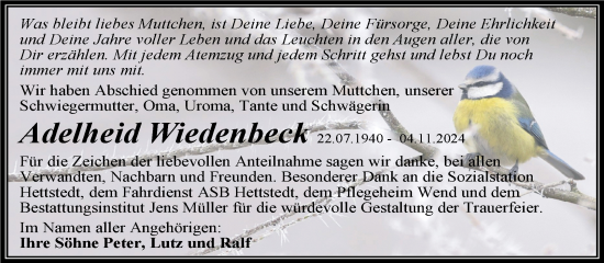 Traueranzeige von Adelheid Wiedenbeck von Trauerkombi Mansfelder Land