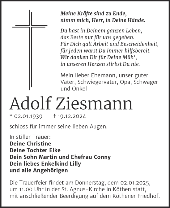Traueranzeige von Adolf Ziesmann von Mitteldeutsche Zeitung Köthen