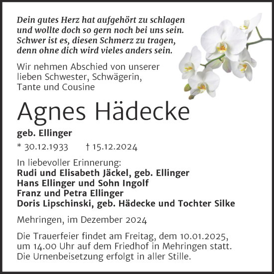 Traueranzeige von Agnes Hädecke von Trauerkombi Aschersleben