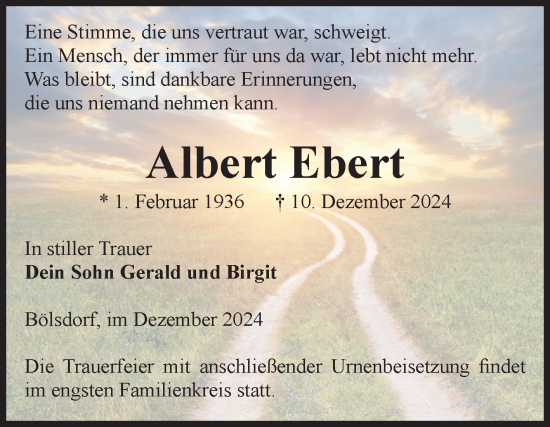 Traueranzeige von Albert Ebert von Volksstimme Altmark Ost